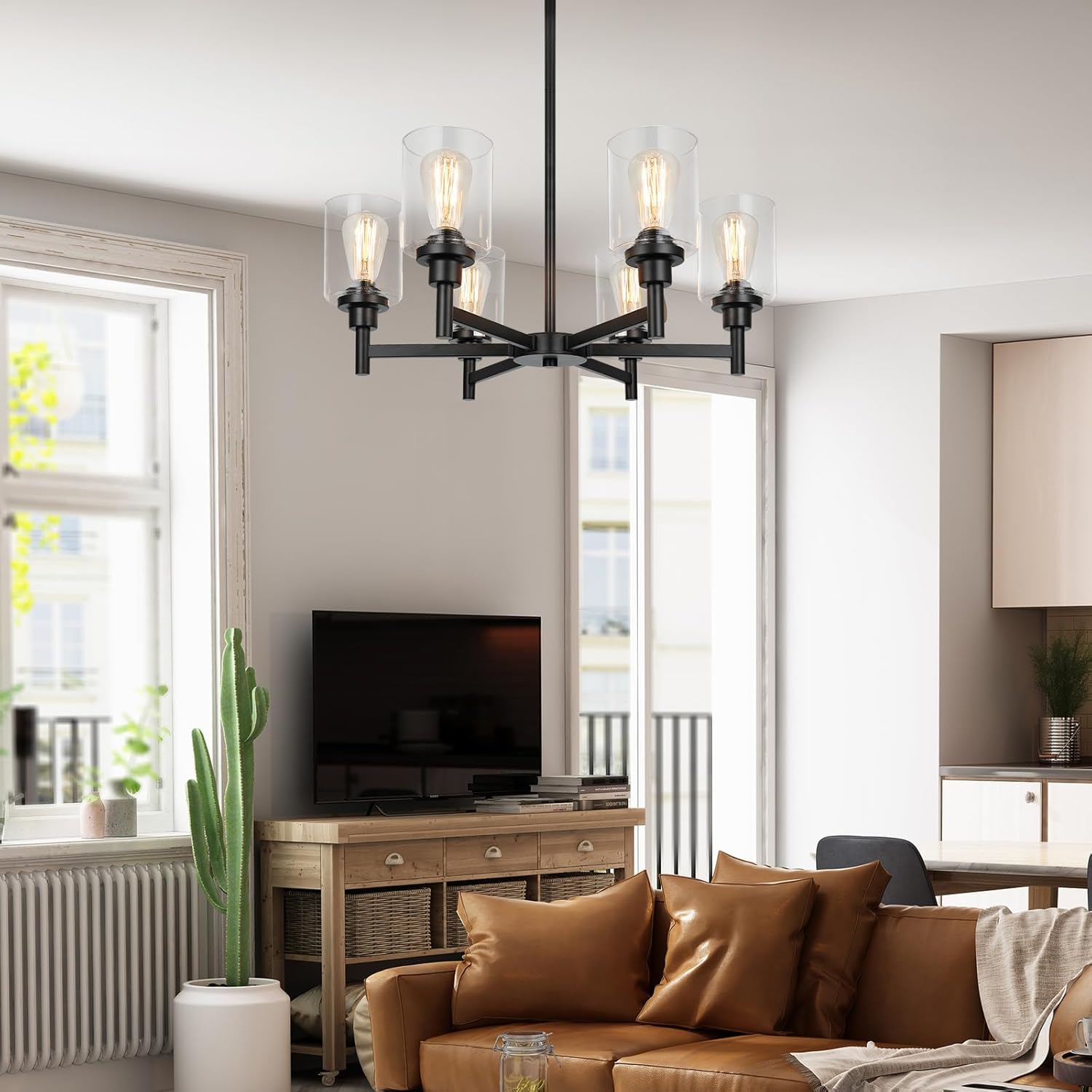 Black Chandelier, 6 Light Farmhouse Chandeliers for Dining Room Light Fixtures Over Table, Industrial Hanging Lighting with Clear Glass Shade for Living Room Kitchen Island Bathroom Entryway Bedroom (2 Missing clear glass)